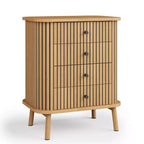 Acekool Comodino a 4 cassetti per camera da letto, soggiorno, cassettiera boho in vimini e MDF con maniglie nere e gambe in legno, naturale