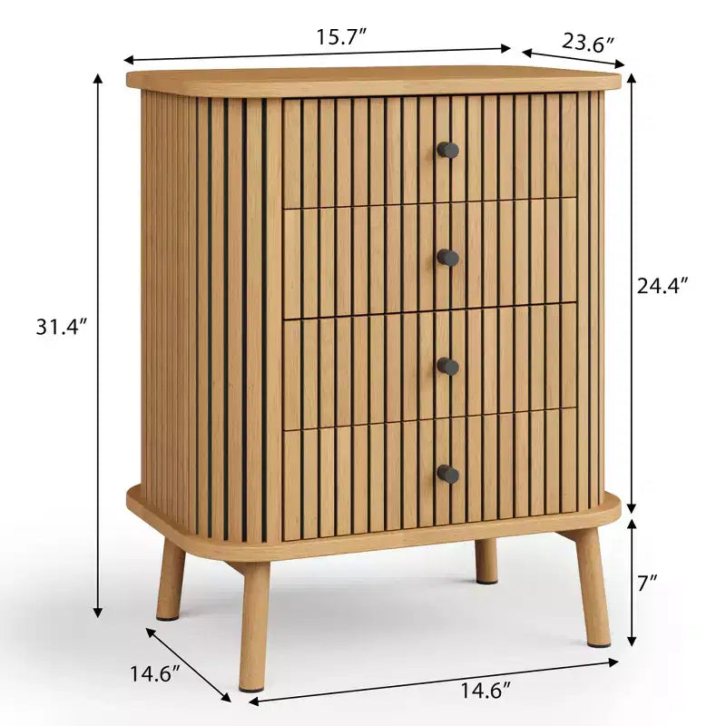 Acekool Comodino a 4 cassetti per camera da letto, soggiorno, cassettiera boho in vimini e MDF con maniglie nere e gambe in legno, naturale