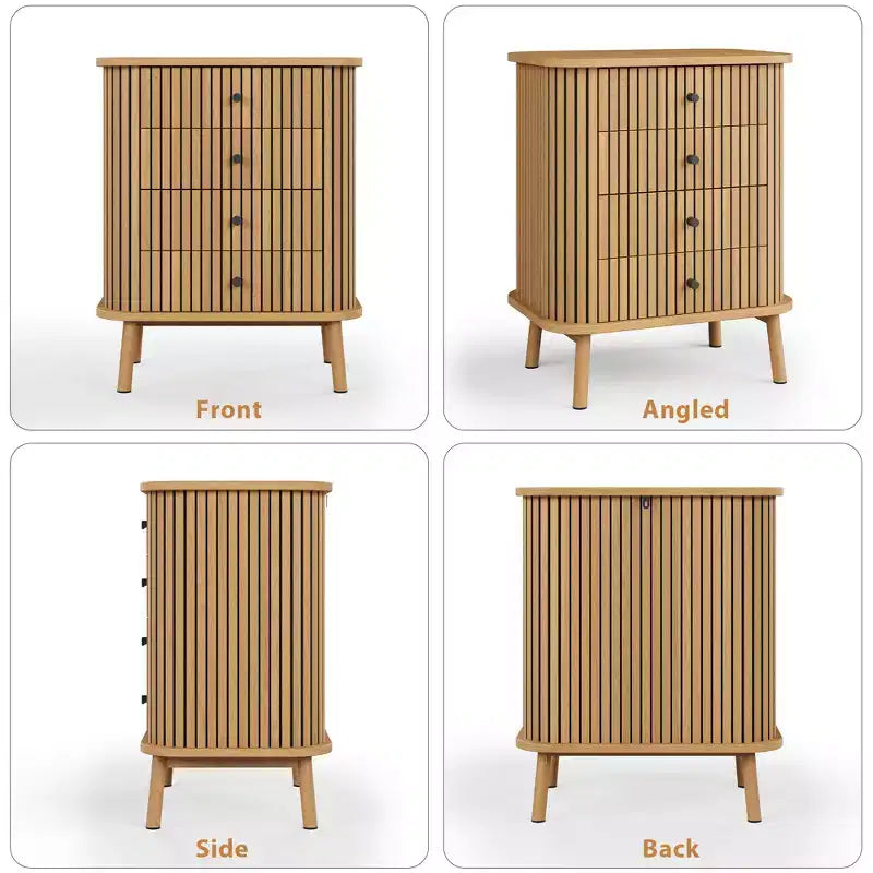 Acekool Comodino a 4 cassetti per camera da letto, soggiorno, cassettiera boho in vimini e MDF con maniglie nere e gambe in legno, naturale