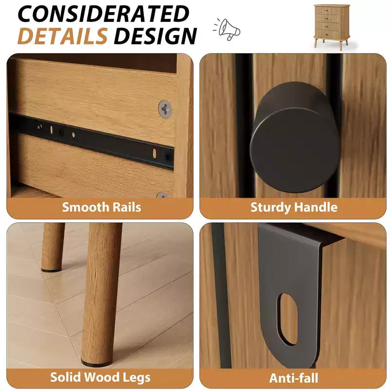 Acekool Comodino a 4 cassetti per camera da letto, soggiorno, cassettiera boho in vimini e MDF con maniglie nere e gambe in legno, naturale