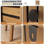 Acekool Comodino a 4 cassetti per camera da letto, soggiorno, cassettiera boho in vimini e MDF con maniglie nere e gambe in legno, naturale