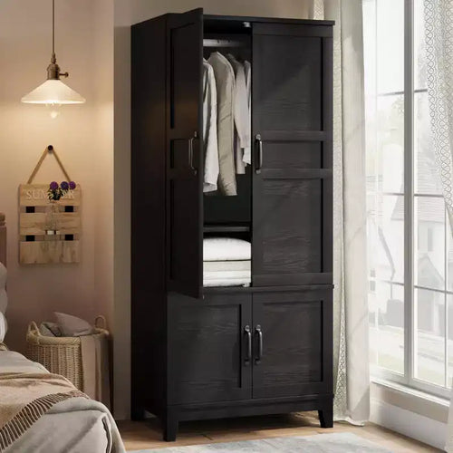 4-Door Wooden Armoire, 72 Tall Wardrobe Closet with Hanging Rod & Adjustable Shelves, Freestanding Clothing Storage Cabinet for Bedroom