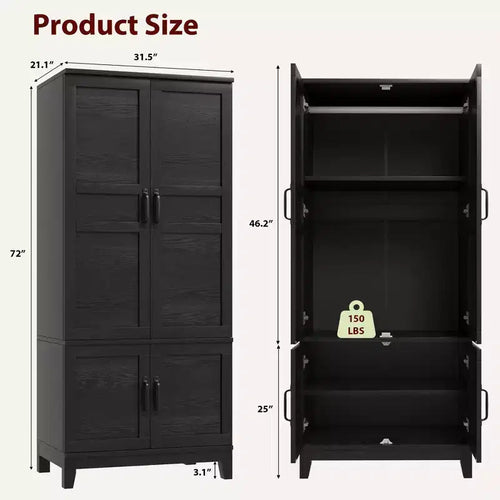Armoire en bois à 4 portes, penderie de 183 cm de hauteur avec tringle à vêtements et étagères réglables, armoire de rangement autonome pour chambre à coucher