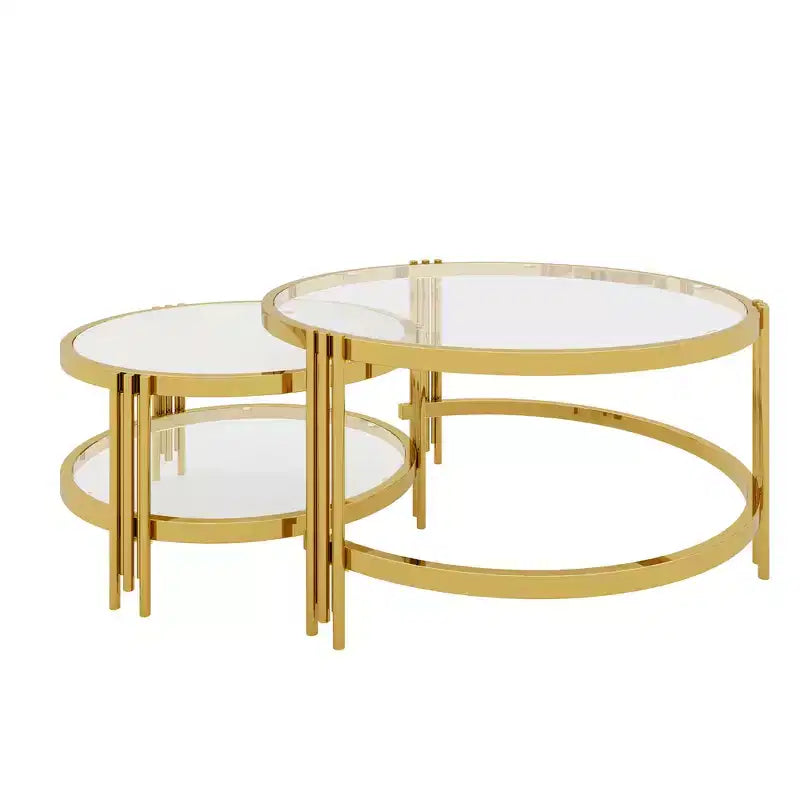 Whisen Modern 2 - Pezzi, Tavolino da Caffè Finitura Oro con Piano in Vetro Testurizzato, Tavolino da Caffè Nidificabile con Vetro Temperato - Trasparente e Oro