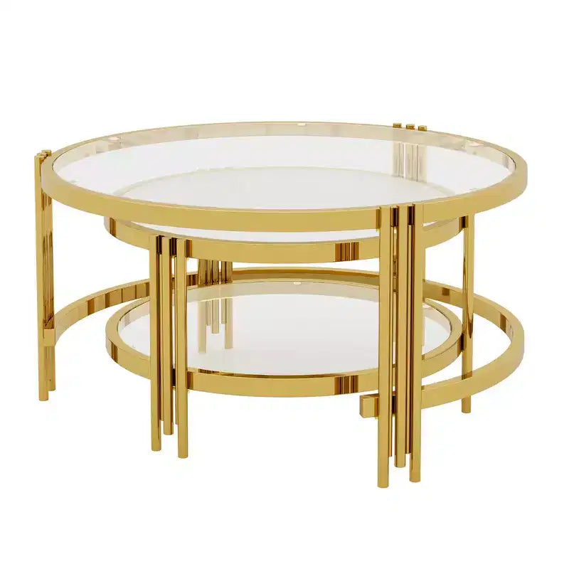 Whisen Modern 2 - Pezzi, Tavolino da Caffè Finitura Oro con Piano in Vetro Testurizzato, Tavolino da Caffè Nidificabile con Vetro Temperato - Trasparente e Oro
