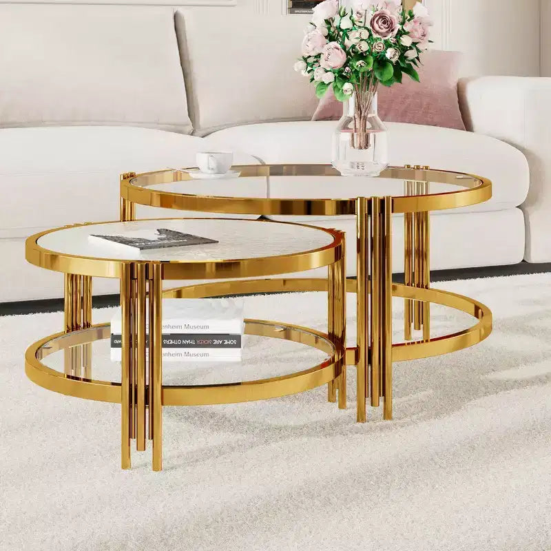 Whisen Modern 2 - Pezzi, Tavolino da Caffè Finitura Oro con Piano in Vetro Testurizzato, Tavolino da Caffè Nidificabile con Vetro Temperato - Trasparente e Oro