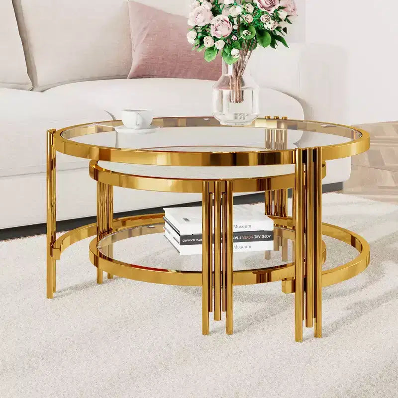 Whisen Modern 2 - Pezzi, Tavolino da Caffè Finitura Oro con Piano in Vetro Testurizzato, Tavolino da Caffè Nidificabile con Vetro Temperato - Trasparente e Oro