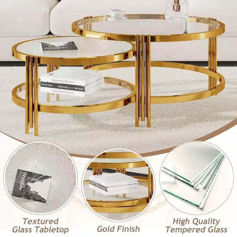 Whisen Modern 2 - Pezzi, Tavolino da Caffè Finitura Oro con Piano in Vetro Testurizzato, Tavolino da Caffè Nidificabile con Vetro Temperato - Trasparente e Oro