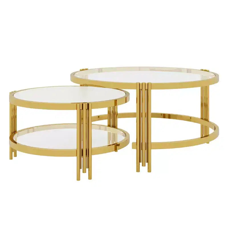 Whisen Modern 2 - Pezzi, Tavolino da Caffè Finitura Oro con Piano in Vetro Testurizzato, Tavolino da Caffè Nidificabile con Vetro Temperato - Trasparente e Oro