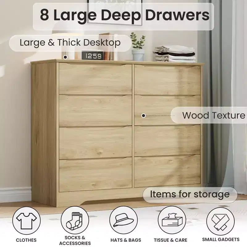 Cassettiera in legno a 8 cassetti - 120 cm di larghezza, contenitore profondo per camera da letto, soggiorno e corridoio