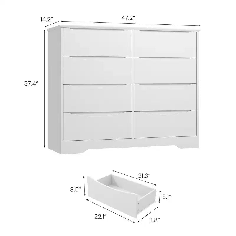 Cassettiera in legno a 8 cassetti - 120 cm di larghezza, contenitore profondo per camera da letto, soggiorno e corridoio