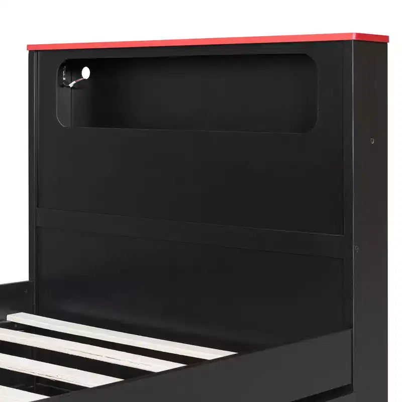 Luxystar Letto a giorno moderno in legno con scrivania per computer, letto estraibile e testiera illuminata