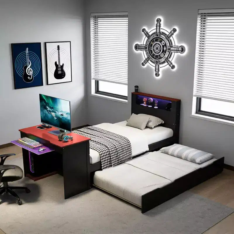 Luxystar Letto a giorno moderno in legno con scrivania per computer, letto estraibile e testiera illuminata