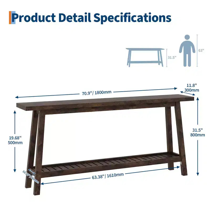 Consolle extra lunga da 180 cm, tavolo da divano a 2 livelli per ingresso, mobiletto rustico in legno con ripiano sottile per corridoio, soggiorno, atrio