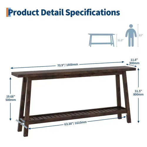Consolle extra lunga da 180 cm, tavolo da divano a 2 livelli per ingresso, mobiletto rustico in legno con ripiano sottile per corridoio, soggiorno, atrio