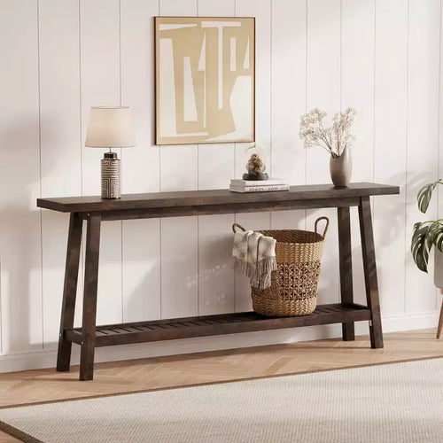 70.9'' Extra Long Console Table, 2-Tier Entryway Sofa Table, Wood Farmhouse Accent with Slim Storage Shelf for Hallway, Living Room, Foyer