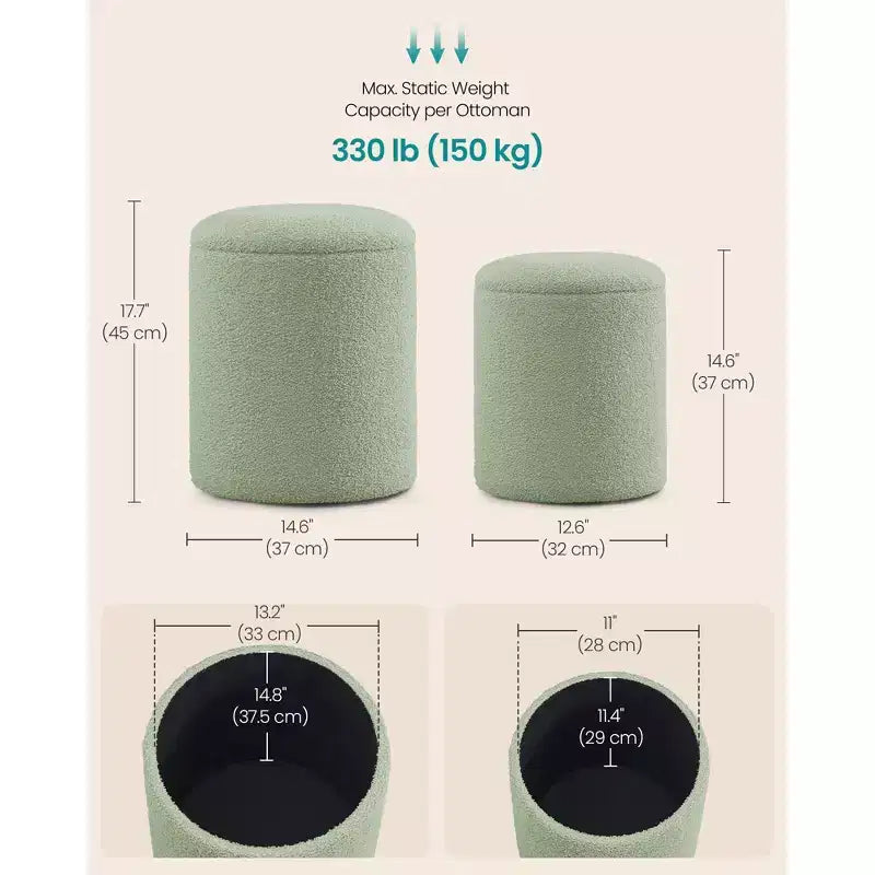 SONGMICS Sgabello da Toeletta, Set da 2, Pouf Contenitore Rotondo, Tavolino da Caffè Piccolo, Poggiapiedi, Coperchio Rimovibile, Facile da Montare, Pile di Peluche