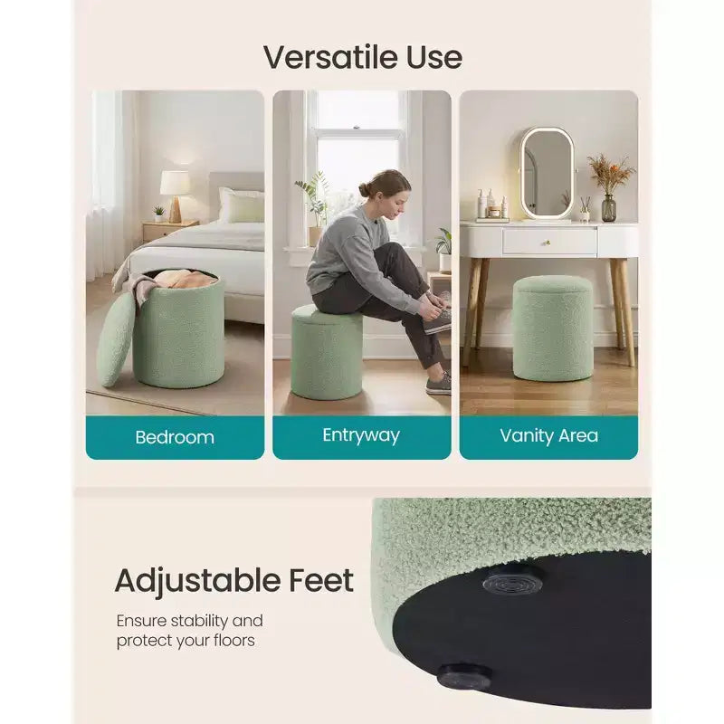 SONGMICS Sgabello da Toeletta, Set da 2, Pouf Contenitore Rotondo, Tavolino da Caffè Piccolo, Poggiapiedi, Coperchio Rimovibile, Facile da Montare, Pile di Peluche