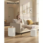 SONGMICS Sgabello da Toeletta, Set da 2, Pouf Contenitore Rotondo, Tavolino da Caffè Piccolo, Poggiapiedi, Coperchio Rimovibile, Facile da Montare, Pile di Peluche