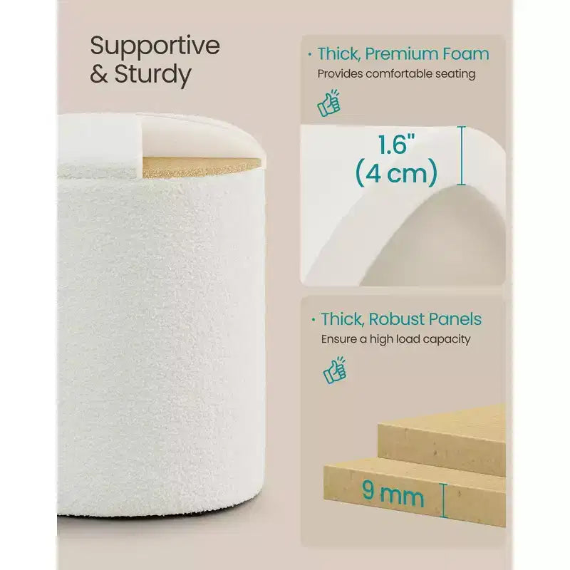 SONGMICS Sgabello da Toeletta, Set da 2, Pouf Contenitore Rotondo, Tavolino da Caffè Piccolo, Poggiapiedi, Coperchio Rimovibile, Facile da Montare, Pile di Peluche