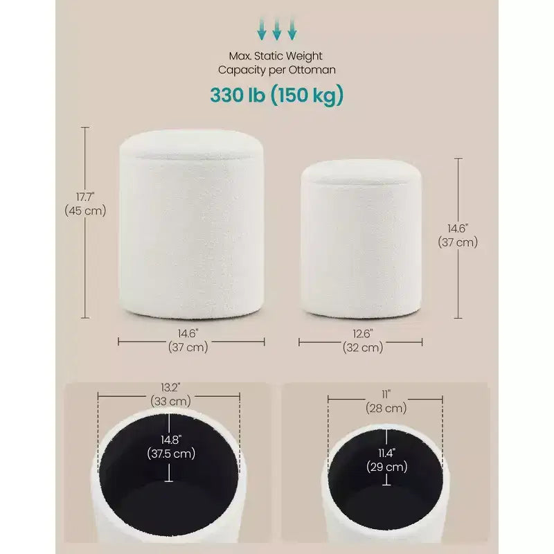 SONGMICS Sgabello da Toeletta, Set da 2, Pouf Contenitore Rotondo, Tavolino da Caffè Piccolo, Poggiapiedi, Coperchio Rimovibile, Facile da Montare, Pile di Peluche