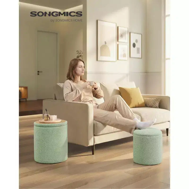 SONGMICS Sgabello da Toeletta, Set da 2, Pouf Contenitore Rotondo, Tavolino da Caffè Piccolo, Poggiapiedi, Coperchio Rimovibile, Facile da Montare, Pile di Peluche