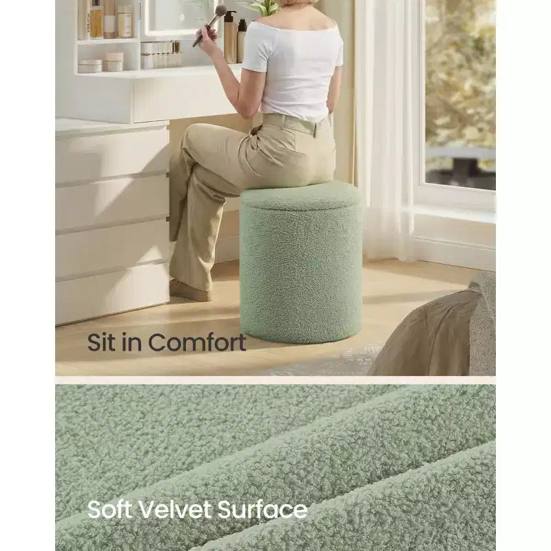 SONGMICS Sgabello da Toeletta, Set da 2, Pouf Contenitore Rotondo, Tavolino da Caffè Piccolo, Poggiapiedi, Coperchio Rimovibile, Facile da Montare, Pile di Peluche