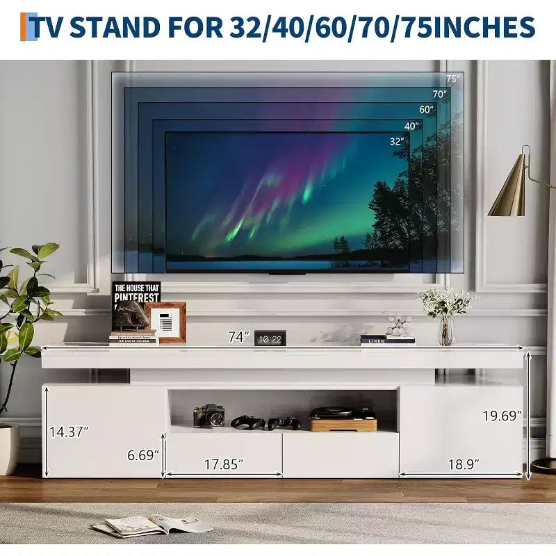 Mobile TV per televisori da 75/80/85 pollici, mobile da intrattenimento moderno lucido, ripiani in vetro, tavolo console multimediale per soggiorno e camera da letto