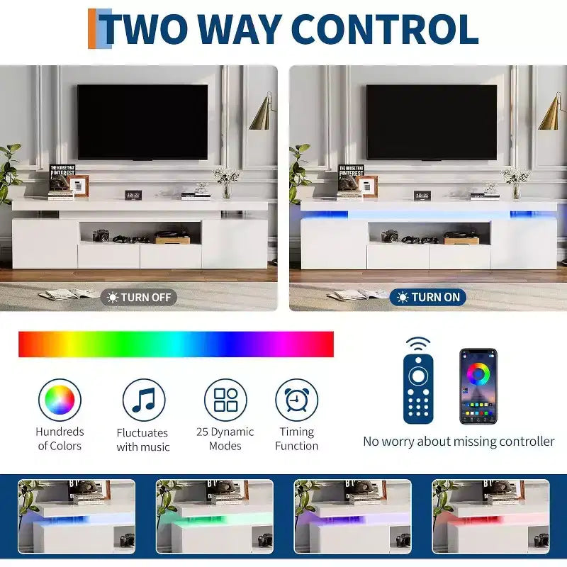 Mobile TV per televisori da 75/80/85 pollici, mobile da intrattenimento moderno lucido, ripiani in vetro, tavolo console multimediale per soggiorno e camera da letto
