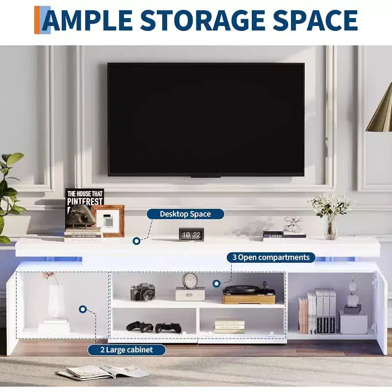 Mobile TV per televisori da 75/80/85 pollici, mobile da intrattenimento moderno lucido, ripiani in vetro, tavolo console multimediale per soggiorno e camera da letto