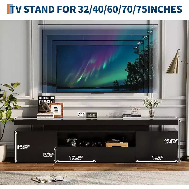 Mobile TV per televisori da 75/80/85 pollici, mobile da intrattenimento moderno lucido, ripiani in vetro, tavolo console multimediale per soggiorno e camera da letto