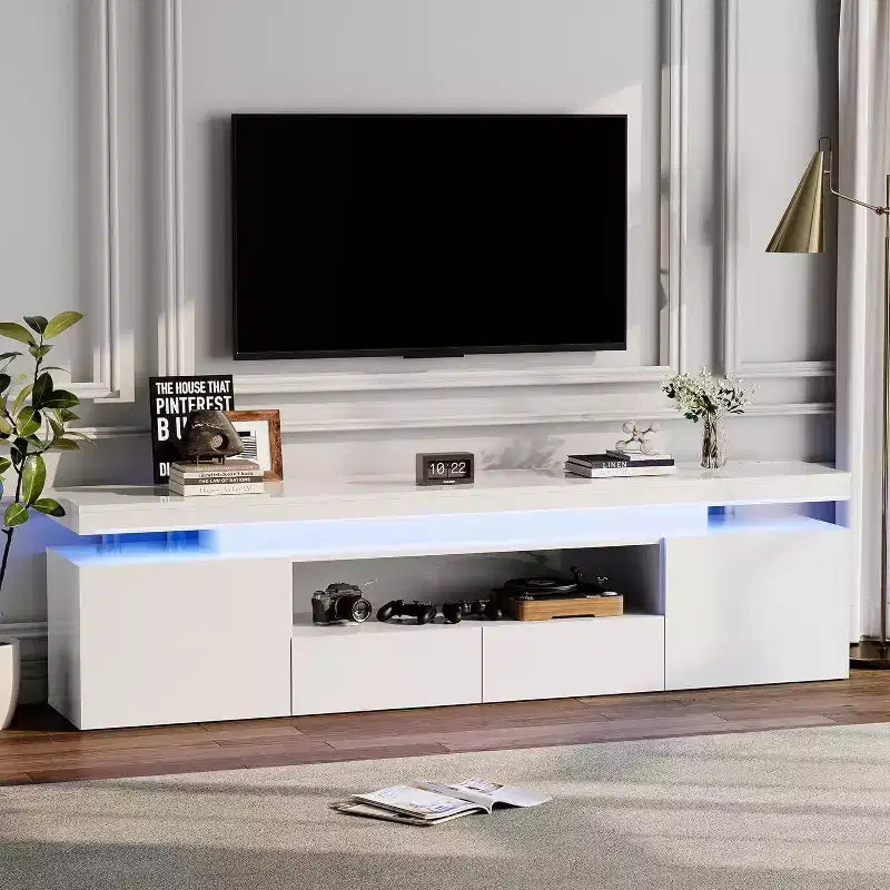 Mobile TV per televisori da 75/80/85 pollici, mobile da intrattenimento moderno lucido, ripiani in vetro, tavolo console multimediale per soggiorno e camera da letto