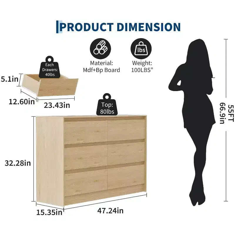 Acekool Camera da Letto Cassettiera a 6 cassetti da 120 cm Comò Organizer per Armadio in Legno Finitura Rovere Naturale