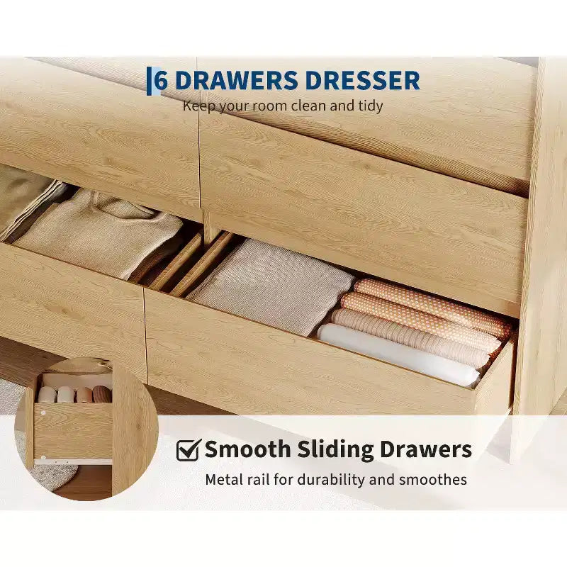 Acekool Camera da Letto Cassettiera a 6 cassetti da 120 cm Comò Organizer per Armadio in Legno Finitura Rovere Naturale