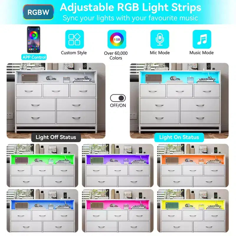 Comò a 7 cassetti, Comò in legno con luci a LED e stazione di ricarica, Cassettiera con grande capacità di archiviazione per camera da letto, soggiorno, corridoio