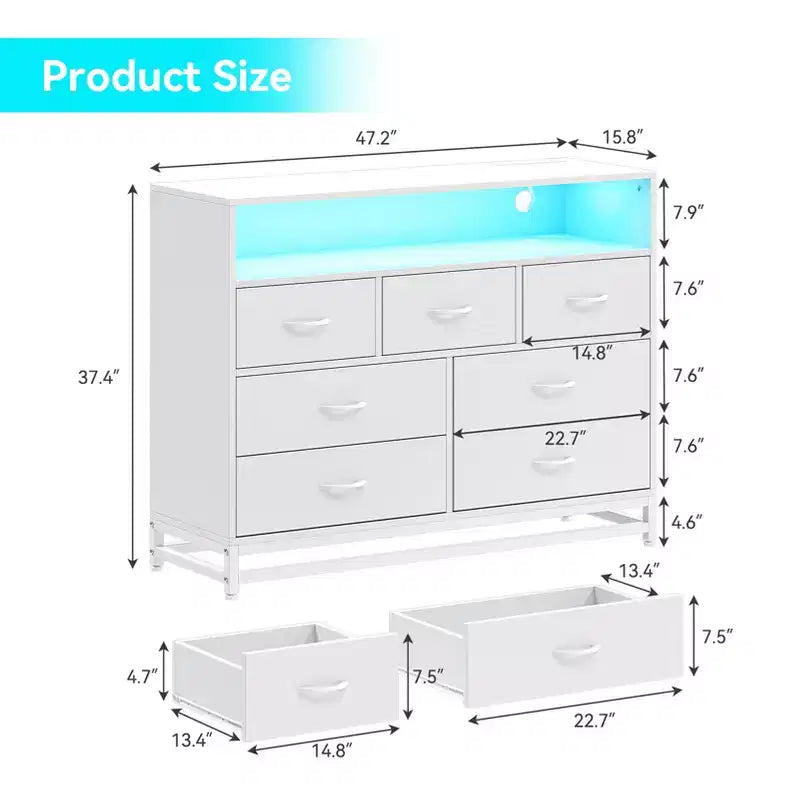 Comò a 7 cassetti, Comò in legno con luci a LED e stazione di ricarica, Cassettiera con grande capacità di archiviazione per camera da letto, soggiorno, corridoio