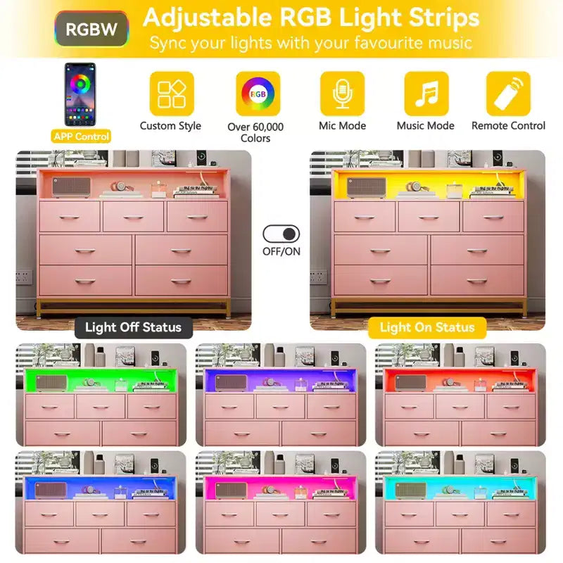 Comò a 7 cassetti, Comò in legno con luci a LED e stazione di ricarica, Cassettiera con grande capacità di archiviazione per camera da letto, soggiorno, corridoio