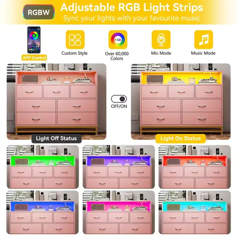 Comò a 7 cassetti, Comò in legno con luci a LED e stazione di ricarica, Cassettiera con grande capacità di archiviazione per camera da letto, soggiorno, corridoio