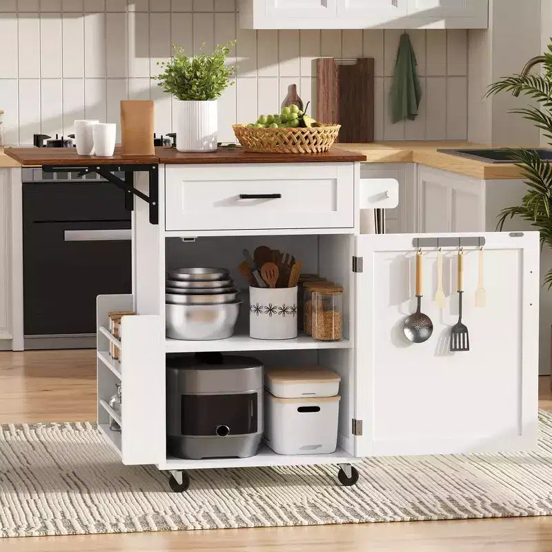 Whisen 39.3 Isola da Cucina con Ripiano, Carrello da Cucina Portatile con Ruote e Ribalta, Portasciugamani, 1 Cassetto
