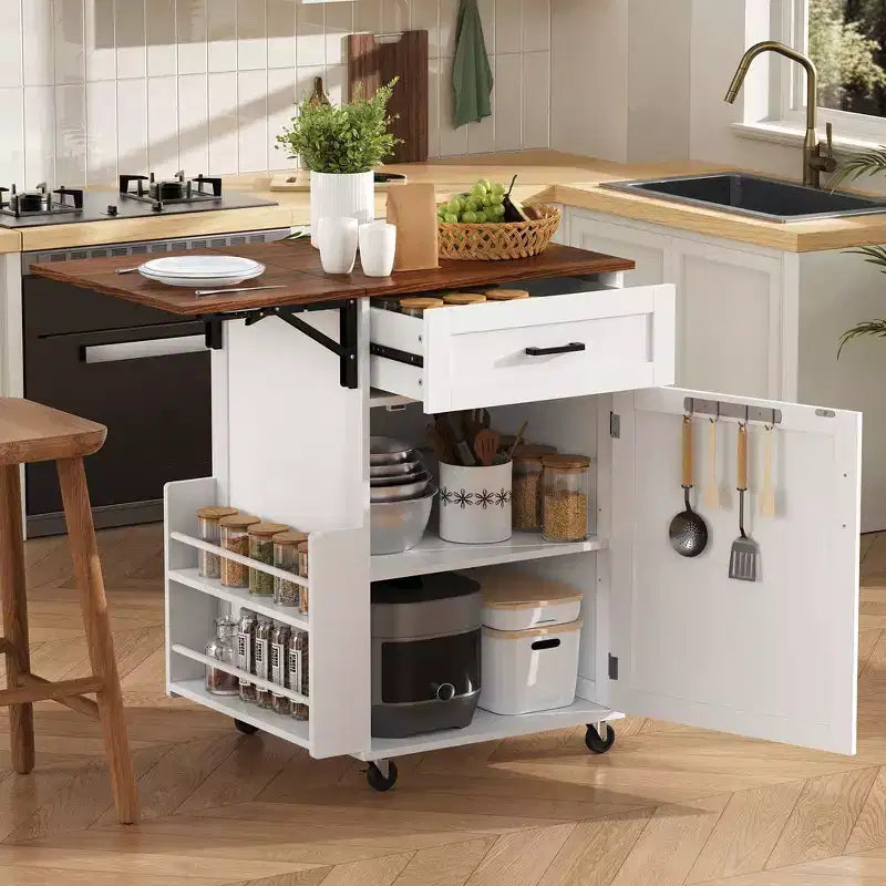 Whisen 39.3 Isola da Cucina con Ripiano, Carrello da Cucina Portatile con Ruote e Ribalta, Portasciugamani, 1 Cassetto