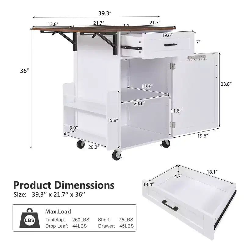 Whisen 39.3 Isola da Cucina con Ripiano, Carrello da Cucina Portatile con Ruote e Ribalta, Portasciugamani, 1 Cassetto