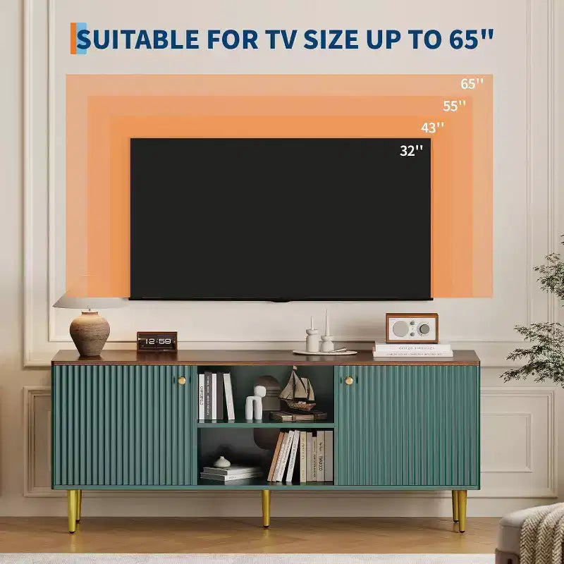 Mobile TV scanalato da 55'' con 2 ante e ripiani regolabili, Mobile TV in legno con contenitore, Tavolino console porta TV per soggiorno appartamento