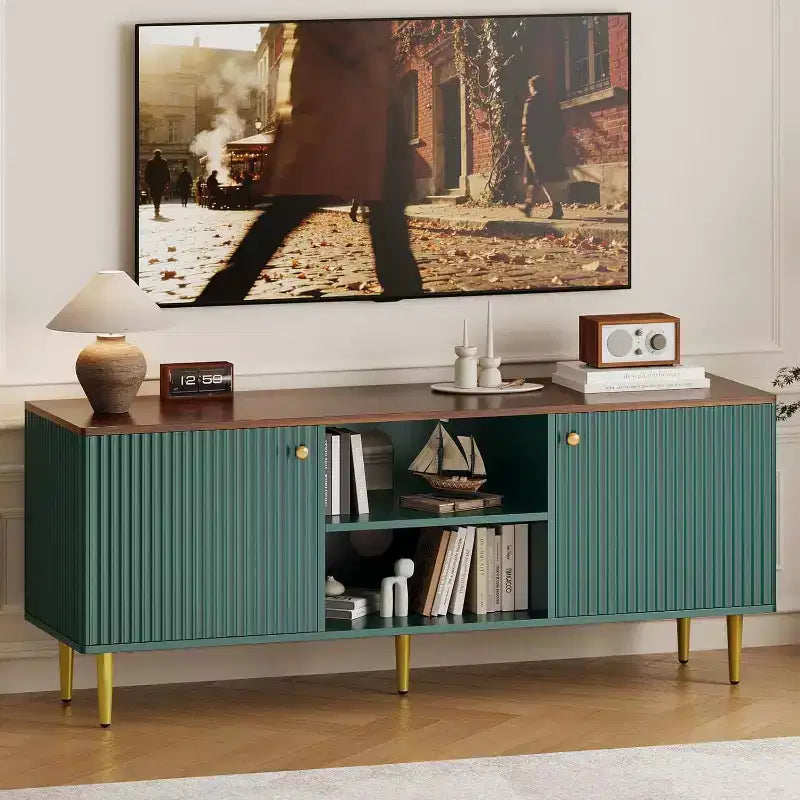 Mobile TV scanalato da 55'' con 2 ante e ripiani regolabili, Mobile TV in legno con contenitore, Tavolino console porta TV per soggiorno appartamento
