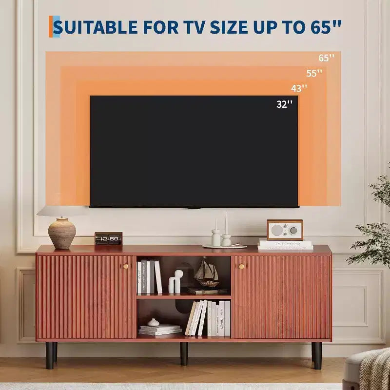 Mobile TV scanalato da 55'' con 2 ante e ripiani regolabili, Mobile TV in legno con contenitore, Tavolino console porta TV per soggiorno appartamento