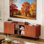 Mobile TV scanalato da 55'' con 2 ante e ripiani regolabili, Mobile TV in legno con contenitore, Tavolino console porta TV per soggiorno appartamento