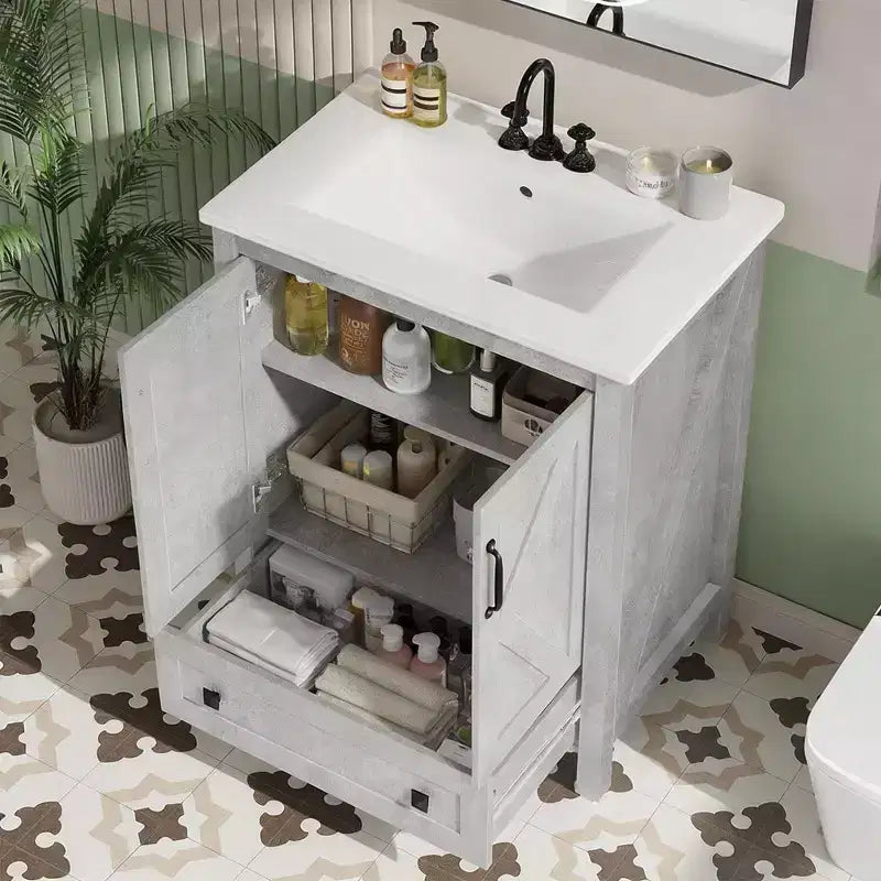 Mobile bagno moderno da 24/30 pollici con lavabo in ceramica 2 ante 1 cassetto, design contemporaneo autoportante per i vostri bagni