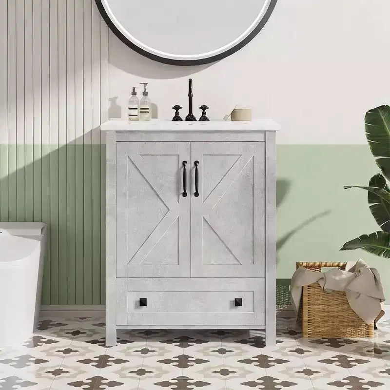 Mobile bagno moderno da 24/30 pollici con lavabo in ceramica 2 ante 1 cassetto, design contemporaneo autoportante per i vostri bagni