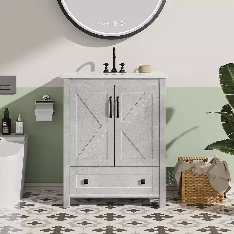 Mobile bagno moderno da 24/30 pollici con lavabo in ceramica 2 ante 1 cassetto, design contemporaneo autoportante per i vostri bagni
