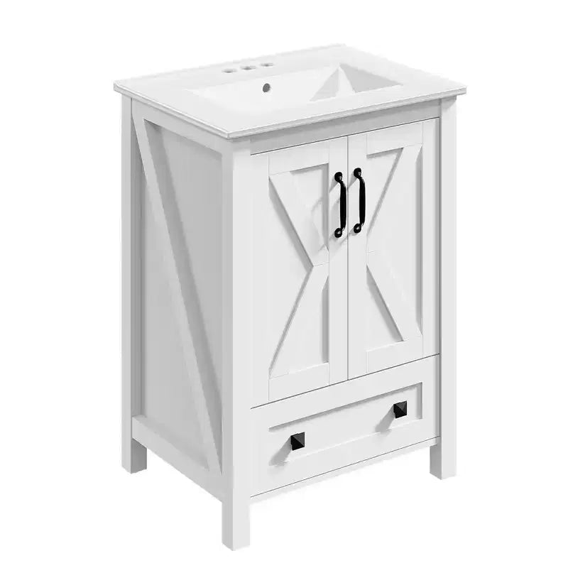 Mobile bagno moderno da 24/30 pollici con lavabo in ceramica 2 ante 1 cassetto, design contemporaneo autoportante per i vostri bagni