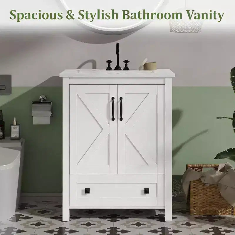 Mobile bagno moderno da 24/30 pollici con lavabo in ceramica 2 ante 1 cassetto, design contemporaneo autoportante per i vostri bagni